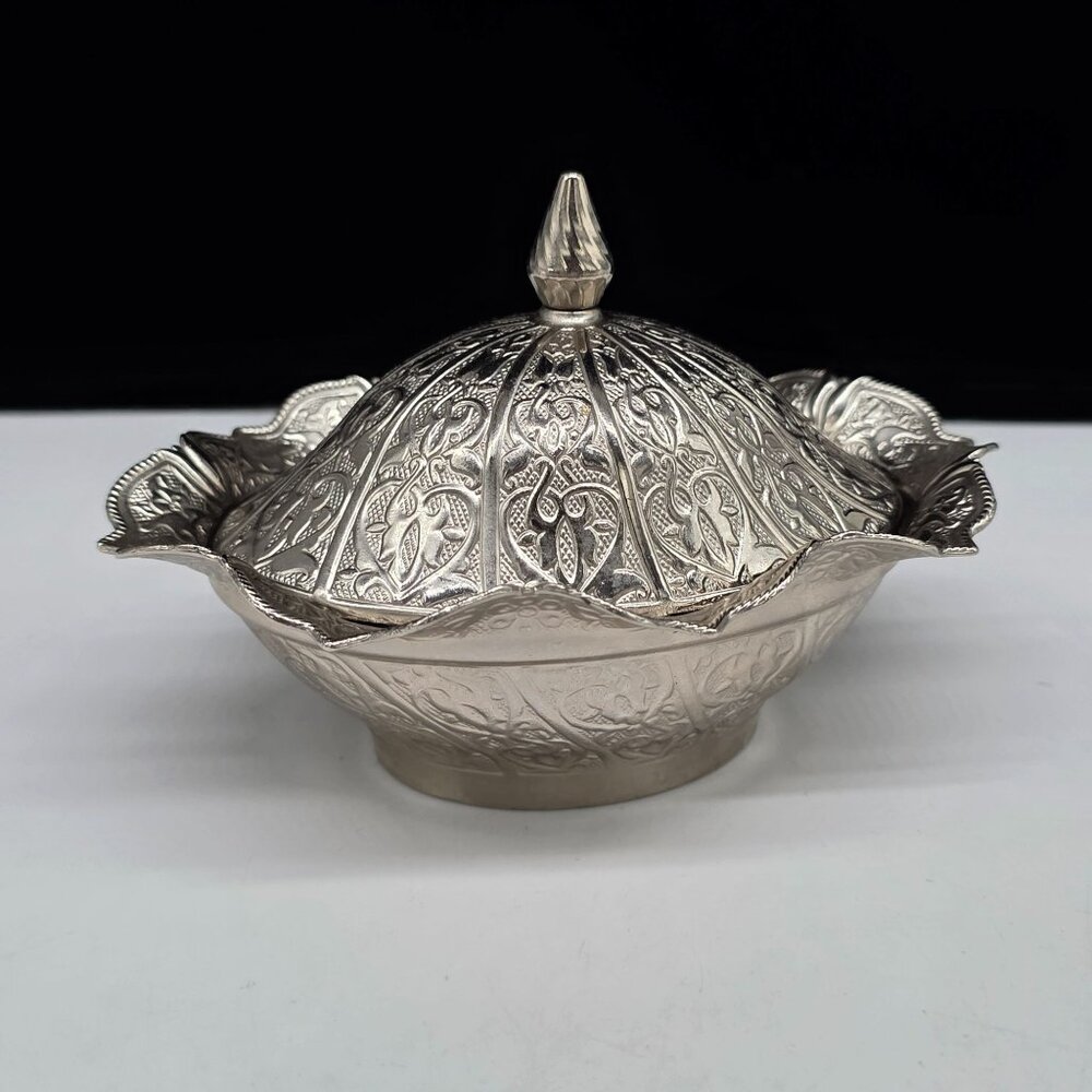 Turkish Silver Plated Decorative Sugar Bowl With Lid Ruffled Rim Sena